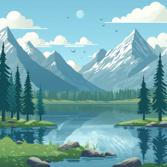 Cartoon forest with mountains lake