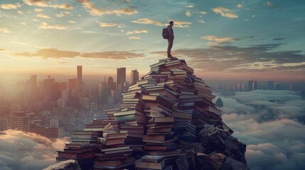 A man gaining knowledge with a view of urban wanderlust, standing tall on a stack of books in the cityscape