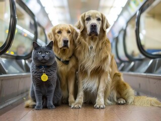 In a bustling metro station a Golden retriever and blue Maine Coon help guide passengers