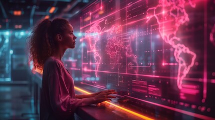 Woman Analyzing Global Data on Digital Screen. Woman examines a world map on a high-tech digital screen, focusing on data visualization and global information networks.