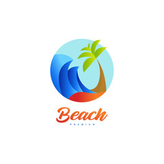 water wave and palm tree vector illustration for beach logo design
