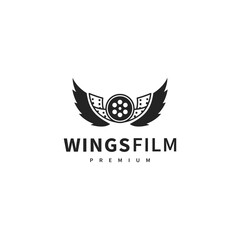 movie productions logo design with wings and film reel illustration