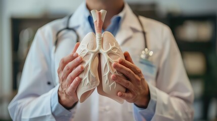 Obraz premium Doctor Explaining Lung Health: A doctor holding a lung model with a blank background, allowing for extensive copy space 