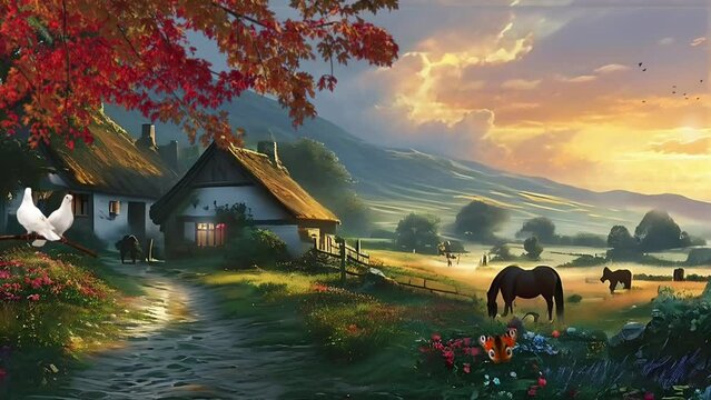 Thatched cottage in the countryside with mountains in the background, captured on a peaceful afternoon