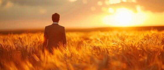In the midst of a vast field of golden wheat, a blank mockup of professionalism stands tall, embraced by the warm hues of a sunset sky.