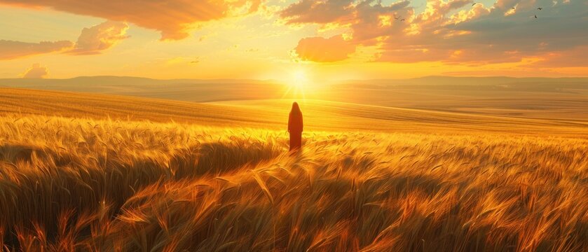 In the midst of a vast field of golden wheat, a blank mockup of professionalism stands tall, embraced by the warm hues of a sunset sky.