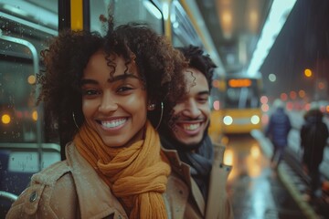 Obraz premium Couple smiling at train station in rain. Smiling couple stands at a train station on a rainy evening, highlighting urban transit and travel.