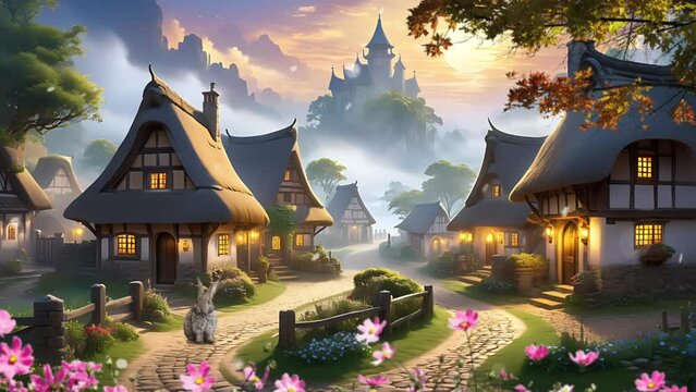 Rustic village thatched cottages surrounded by hills bathed in an ethereal glow from the setting sun