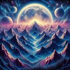 Moonlit forest with mountains and a lake in a surreal painting.
