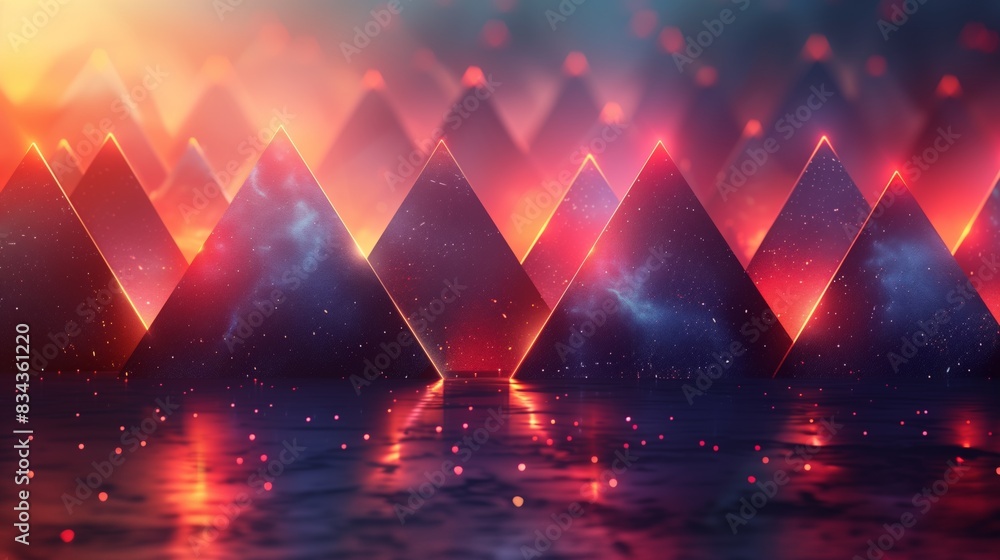 Poster geometric pyramid structures with neon glow. abstract image of geometric pyramid structures illumina