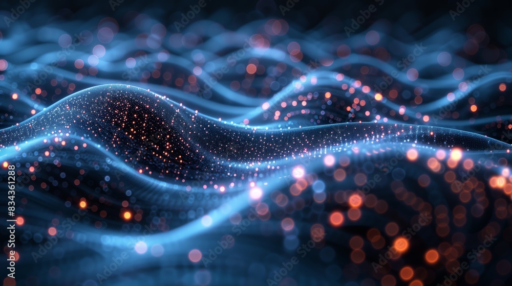 Poster futuristic blue waves with sparkling lights. abstract image of futuristic blue waves adorned with sp