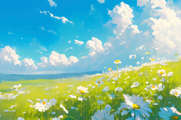春の草原に咲くデイジーと青空の風景/Daisies Blooming in the Spring Meadow Under a Blue Sky/G&auml;nsebl&uuml;mchen bl&uuml;hen auf der Fr&uuml;hlingswiese unter blauem Himmel