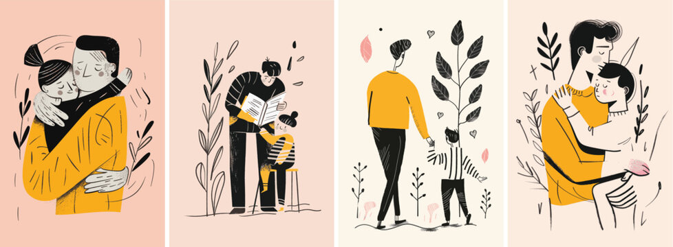 Happy father's day set of vector hand drawn illustration style posters. Dad and child together