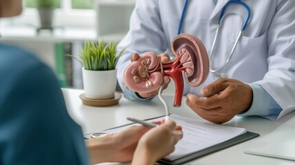 Doctor Explaining Kidney Function: A doctor holding a kidney model while explaining its function to a patient in a clinical setting