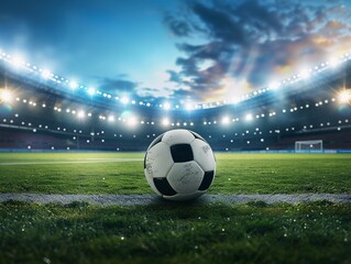 Soccer ball in stadium with lights and spotlights