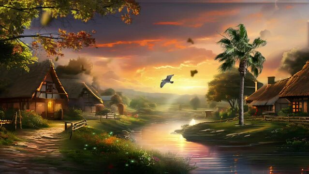 Rustic village thatched cottages surrounded by a serene landscape bathed in an ethereal glow from the setting sun