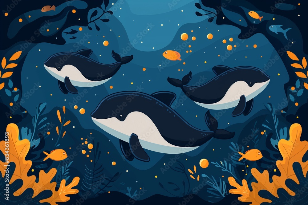 Wall mural Three blue whale swim in depths of ocean above orange corals and small fish. Marine, sea life and whale concept. World whale and dolphin day, world oceans day