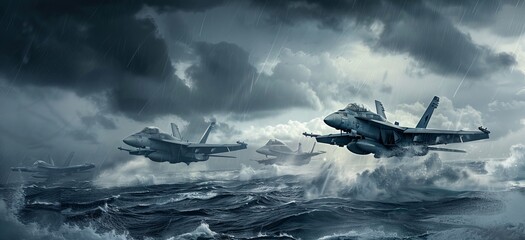 Fototapeta na wymiar Fighter Jets Ascending from Carrier into Storm