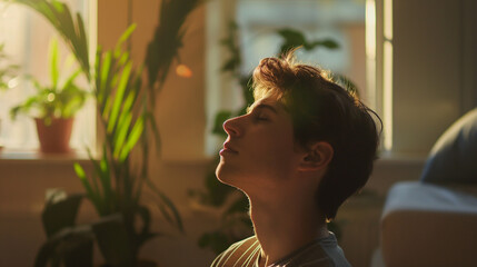 person practising deep breaths, meditating at home