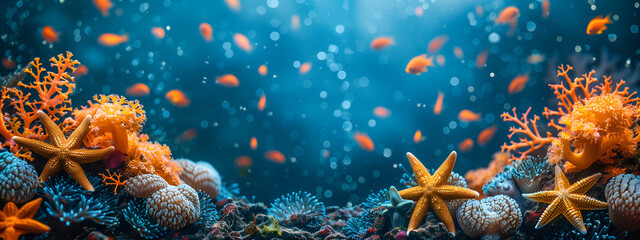 Marine life concept: starfish, shells and corals on a background of clear blue sea water with small goldfish swimming, banner with copy space in center for design. World oceans day