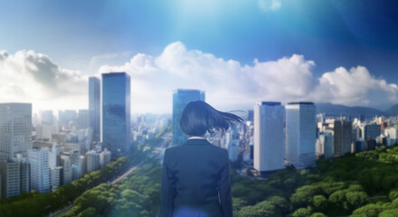 日本の街・都市・朝日を受けたオフィスビル群を前に佇み風を受けて髪をなびかせるスーツを着た会社員の女性の出勤　ビジネス・はじまり・決意・目標・挑戦のイメージ