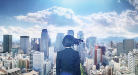 日本の街・都市・朝日を受けたオフィスビル群を前に佇み風を受けて髪をなびかせるスーツを着た会社員の女性の出勤　ビジネス・はじまり・決意・目標・挑戦のイメージ