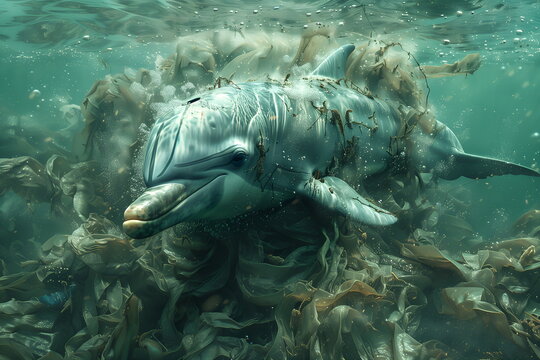 Dolphin swims in sea polluted by plastic and polyethylene. Dolphin is surrounded by rubbish and waste of plastic and polyethylene and is struggling to swim. Marine life suffers. Plastic bag free day - Powered by Adobe