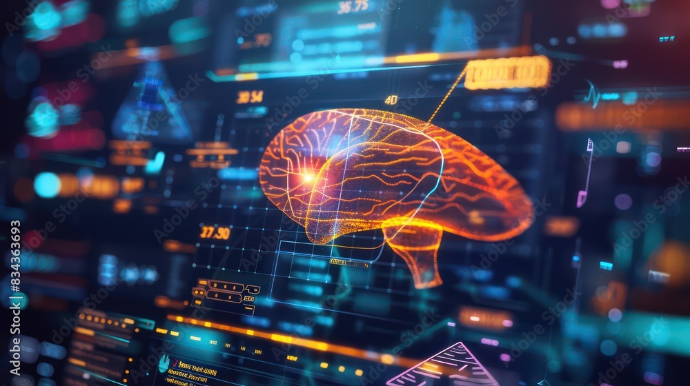 Poster a glowing liver hologram displayed in a high-tech lab environment, surrounded by digital data and ch