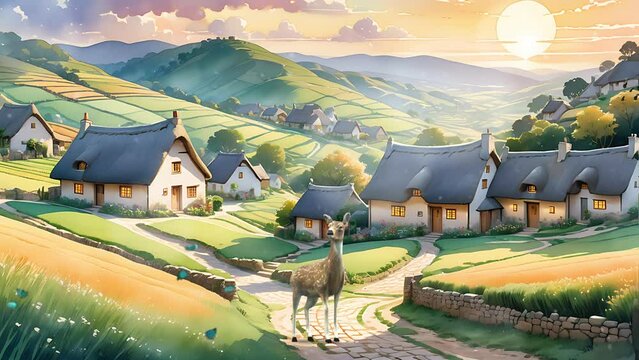 Watercolor illustration of a rural village's thatched huts nestled in the serene hills. Seamless looping 4k time-lapse virtual video animation background