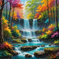 An illustration of a waterfall surrounded by colorful trees in a forest.
