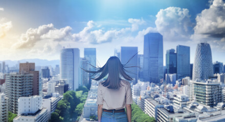 日本の街・都市・朝日を受けたオフィスビル群を前に佇み風を受けて髪をなびかせる会社員の女性の出勤　ビジネス・はじまり・決意・目標・挑戦のイメージ