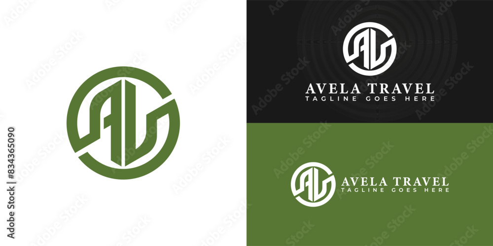 Poster abstract initial circle letter av or va logo in green color isolated on multiple background colors. 