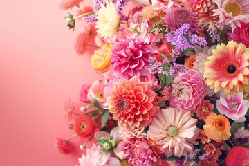 Explosion of colorful and diverse flowers pink background