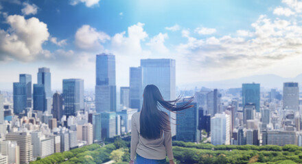 日本の街・都市・朝日を受けたオフィスビル群を前に佇み風を受けて髪をなびかせる会社員の女性の出勤　ビジネス・はじまり・決意・目標・挑戦のイメージ