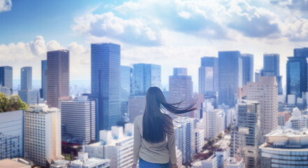 Obraz premium 日本の街・都市・朝日を受けたオフィスビル群を前に佇み風を受けて髪をなびかせる会社員の女性の出勤 ビジネス・はじまり・決意・目標・挑戦のイメージ