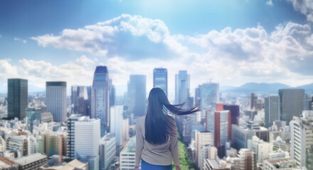 Naklejka premium 日本の街・都市・朝日を受けたオフィスビル群を前に佇み風を受けて髪をなびかせる会社員の女性の出勤 ビジネス・はじまり・決意・目標・挑戦のイメージ