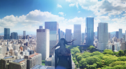 日本の街・都市・朝日を受けたオフィスビル群を前に佇み風を受けて髪をなびかせる会社員の女性の出勤　ビジネス・はじまり・決意・目標・挑戦のイメージ