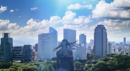 日本の街・都市・朝日を受けたオフィスビル群を前に佇み風を受けて髪をなびかせる会社員の女性の出勤　ビジネス・はじまり・決意・目標・挑戦のイメージ