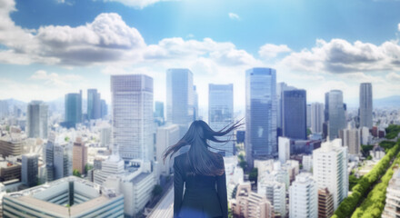 日本の街・都市・朝日を受けたオフィスビル群を前に佇み風を受けて髪をなびかせる会社員の女性の出勤　ビジネス・はじまり・決意・目標・挑戦のイメージ