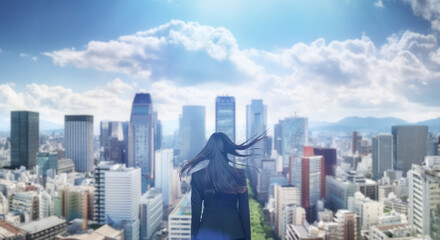 Fototapeta premium 日本の街・都市・朝日を受けたオフィスビル群を前に佇み風を受けて髪をなびかせる会社員の女性の出勤 ビジネス・はじまり・決意・目標・挑戦のイメージ
