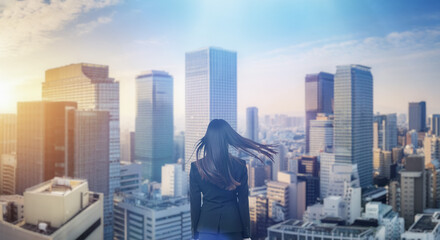 日本の街・都市・朝日を受けたオフィスビル群を前に佇み風を受けて髪をなびかせる会社員の女性の出勤　就職・ビジネス・はじまり・決意・目標・挑戦のイメージ