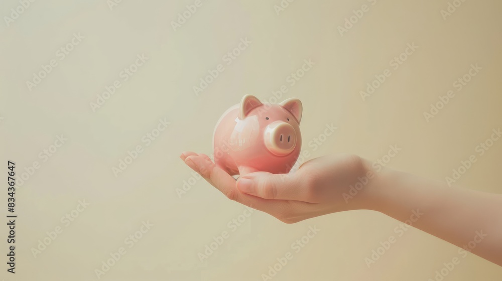 Poster a hand holding a piggy bank against a plain background, leaving space around it for adding copy with