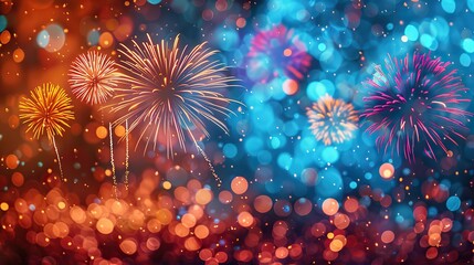 Fototapeta premium A background with festive fireworks and a clear central space for celebration messages. - Event decoration background