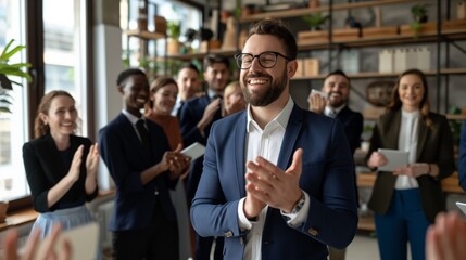 Smiling businessman applauded by colleagues in modern office.