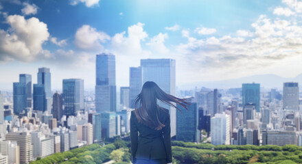日本の街・都市・朝日を受けたオフィスビル群を前に佇み風を受けて髪をなびかせる会社員の女性の出勤　就職・ビジネス・はじまり・決意・目標・挑戦のイメージ
