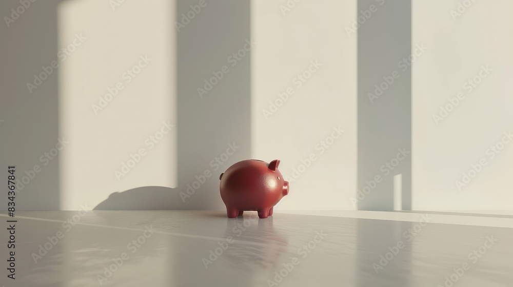 Poster a piggy bank placed on a white surface with ample space beside it for adding text or graphics with m