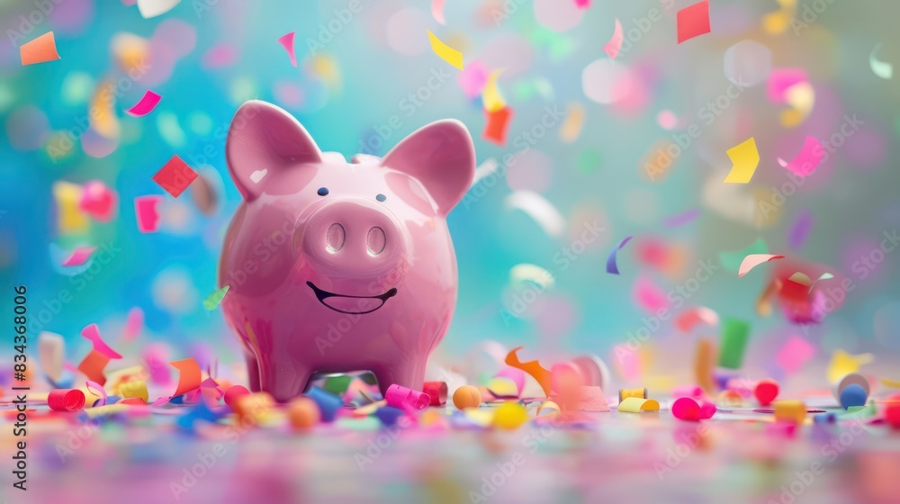Poster a piggy bank on a colorful background with confetti or streamers, creating a festive atmosphere with
