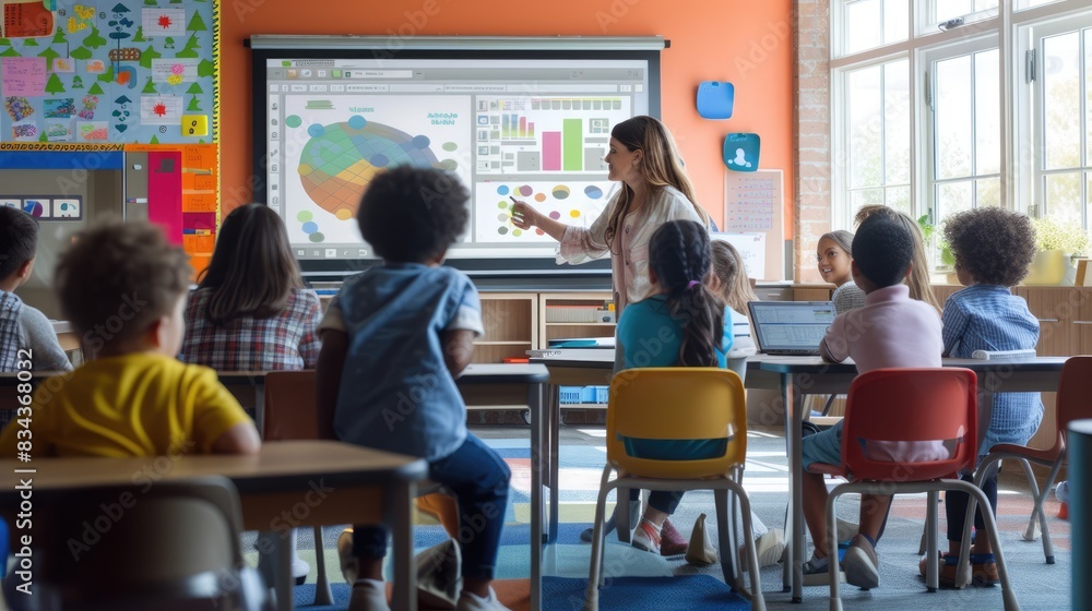 Poster portrait of teacher teaching about ai at digital classroom. multicultural elementary student learnin