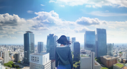 日本の街・都市・朝日を受けたオフィスビル群を前に佇み風を受けて髪をなびかせる会社員の女性の出勤　就職・ビジネス・はじまり・決意・目標・挑戦のイメージ