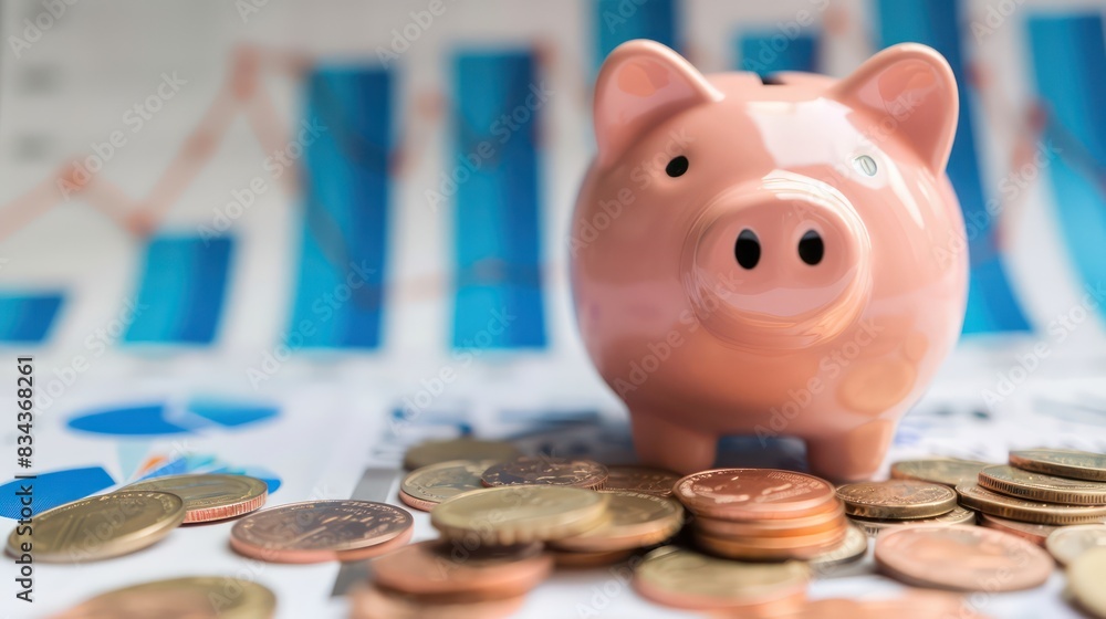 Poster a piggy bank standing on a pile of coins with a growth chart or financial graph in the background, l